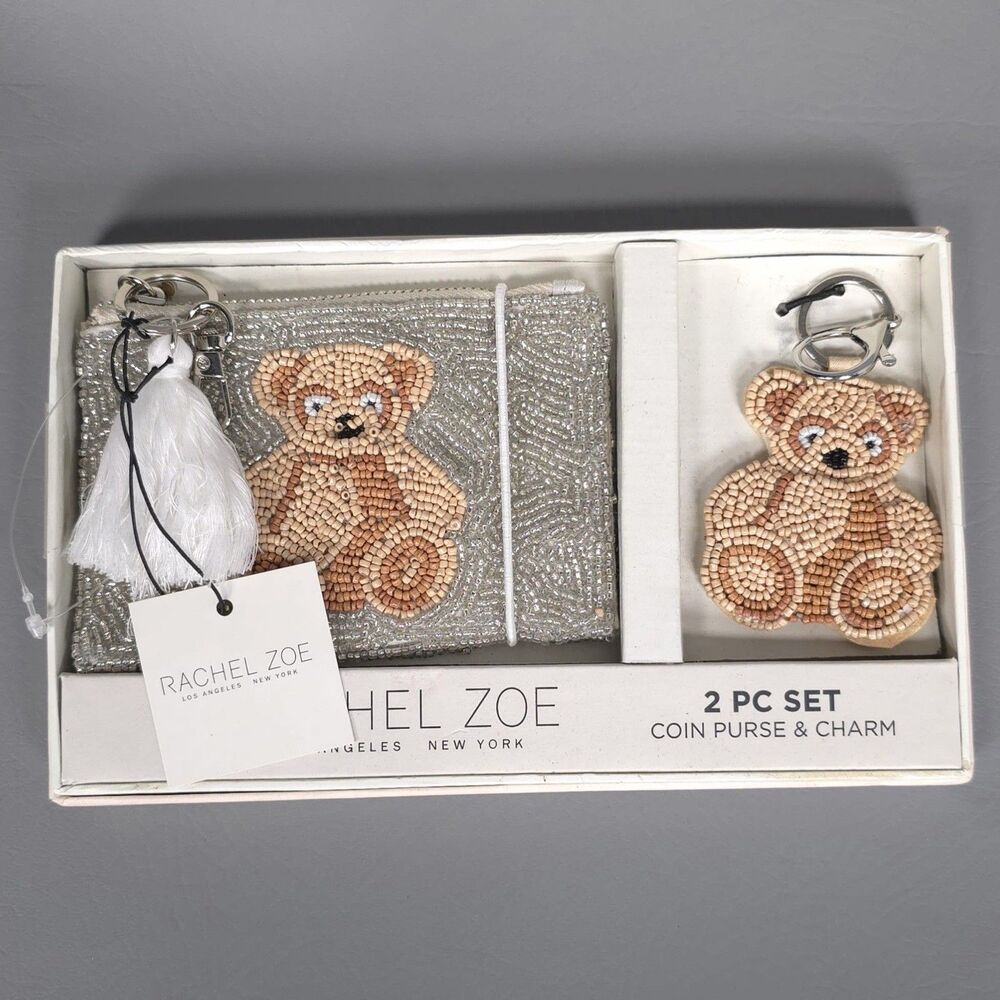 RACHEL ZOE New Viral Release 2pc Set Beaded Silver Teddy Bear Coin Purse & Charm